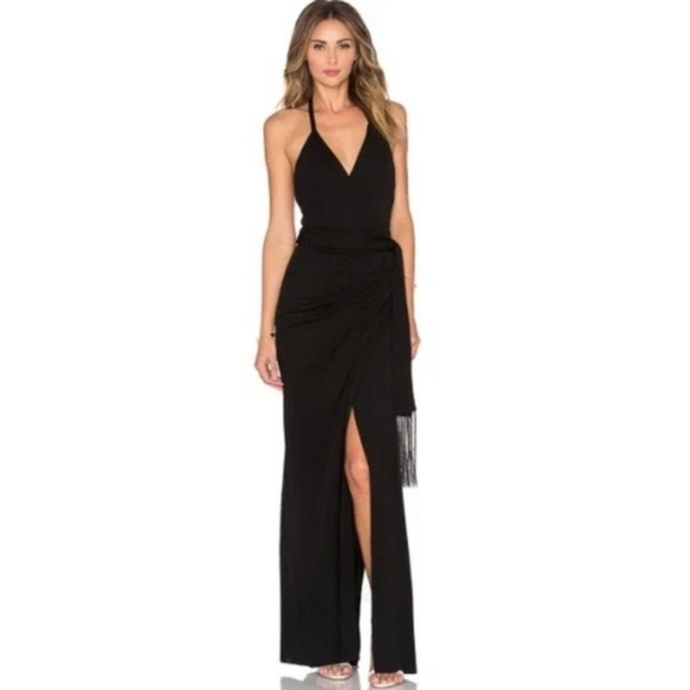 L'agence Black Sabrina Faux Wrap Fringe Belt Maxi Dress NWT